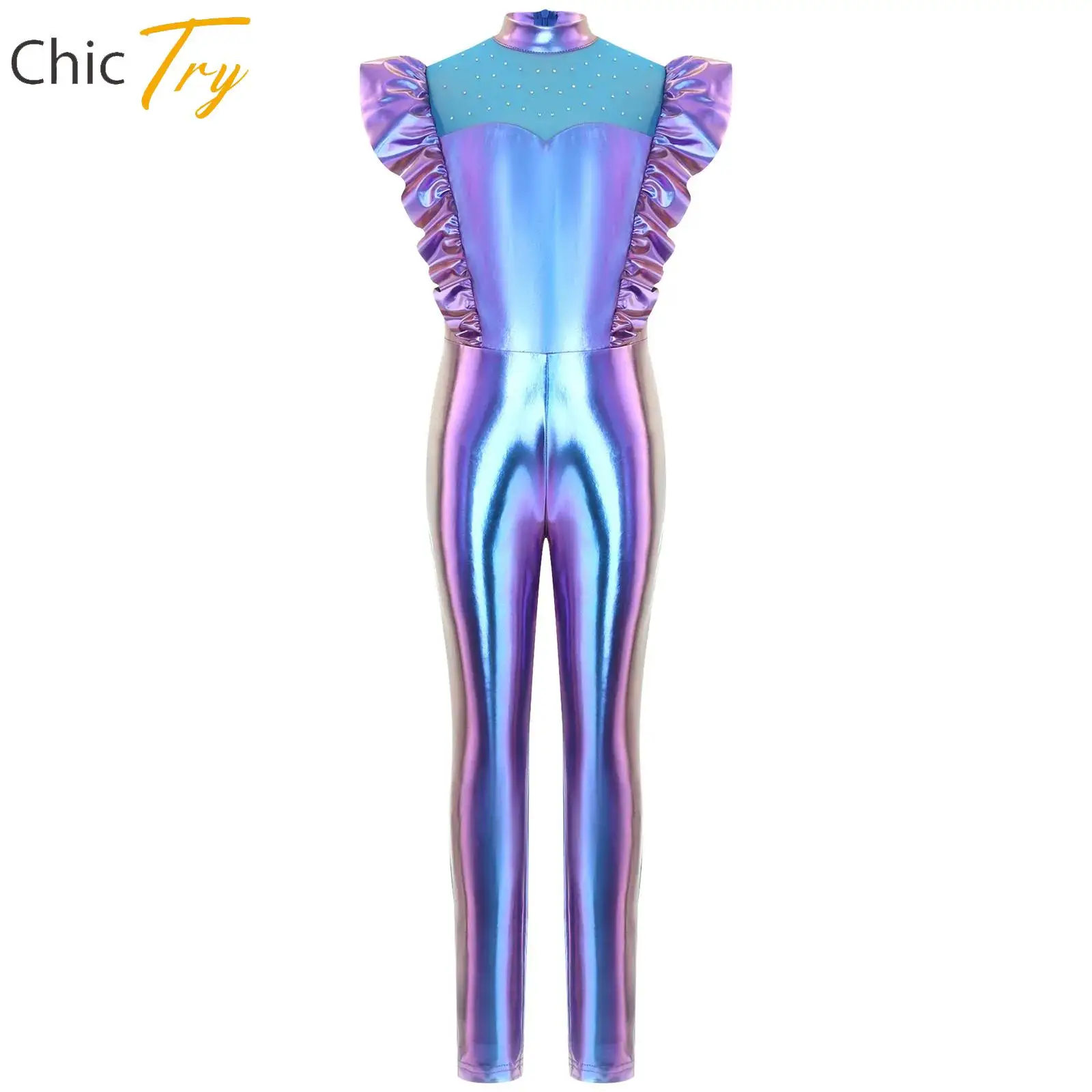 

Kids Girls Metallic Gloss Alien Robot Cosplay Costumes Ruffled Flying Sleeve Jumpsuit Leotard for Themed Party Stage Performance