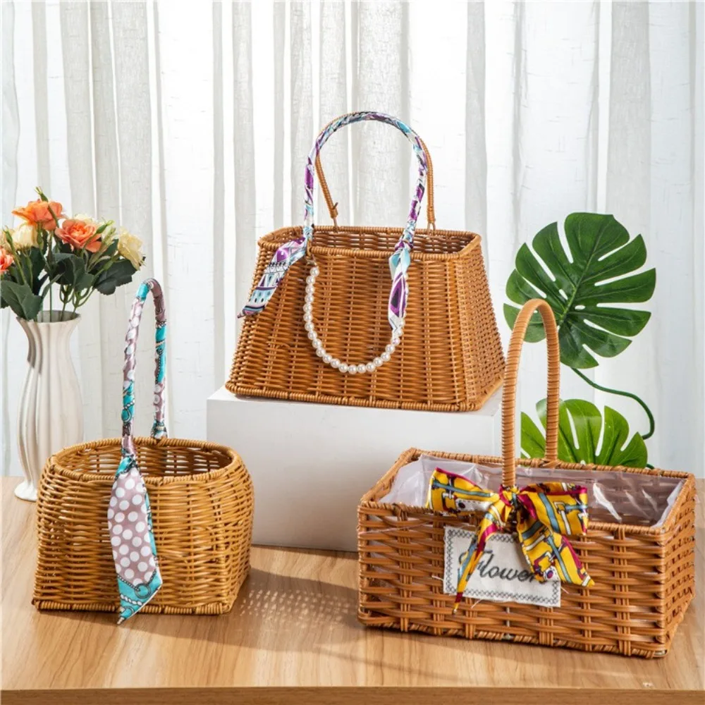 

Handmade Imitation Rattan Fruit Basket Durable Large Capacity Bamboo Flower Basket Multifunction Long Handle
