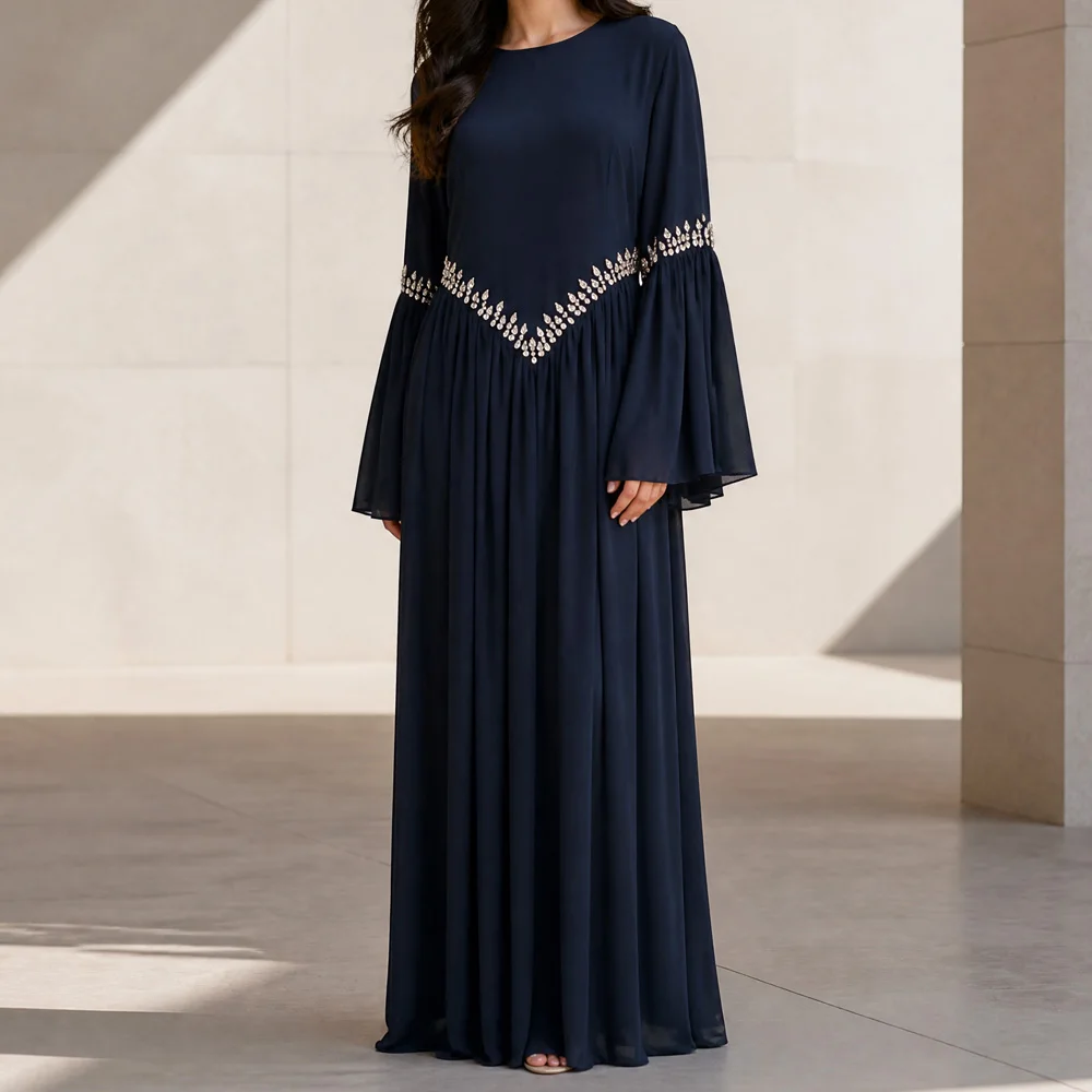 Eid Evening Party Galas Hijabi Gown Body-Skimming Muslim Women Pleated Corset Dress Dubai Modest Islamic Robe Diamonds Details