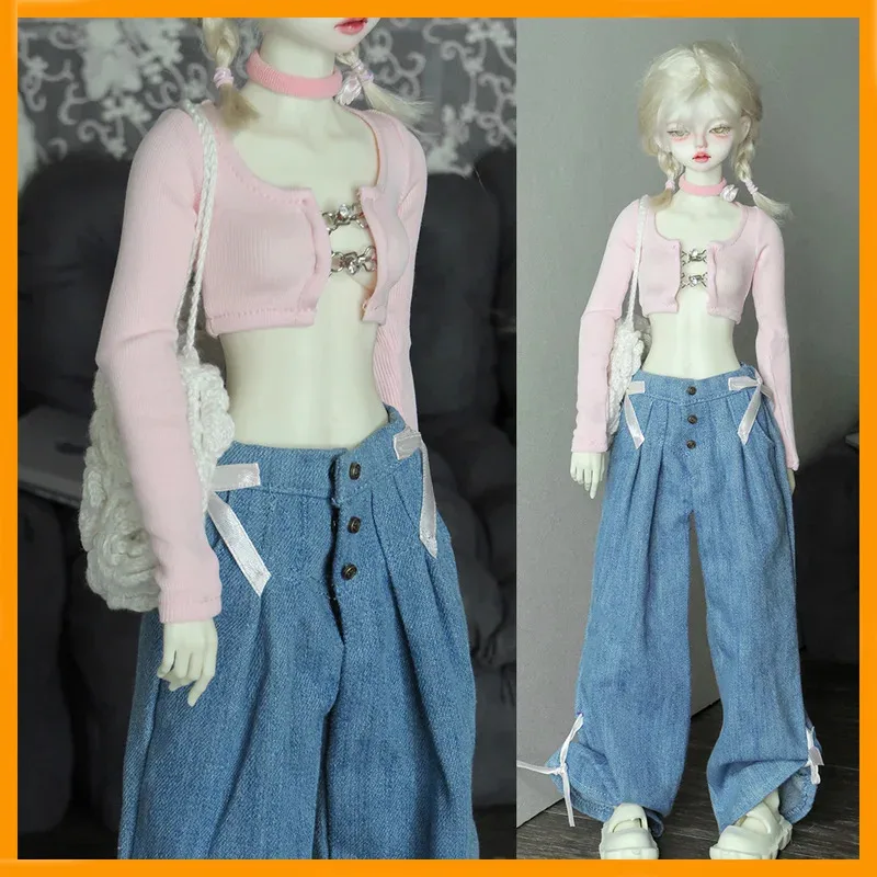

1/4 Scale Pink Long Sleeves Hollowed Breast Shirt Bow Low-waist Wide Leg Loose Jeans Set for Big BJD Dolls Body Model