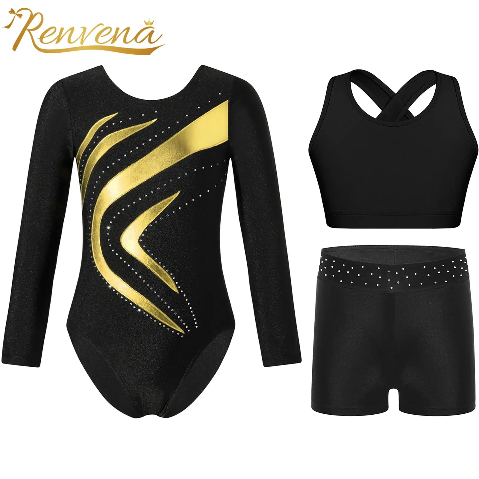 Kids Long Sleeve Ballet Outfits Girls Metallic Patchwork Skating Leotard with Shorts Gymnastics Bodysuits Stage Dance Costume