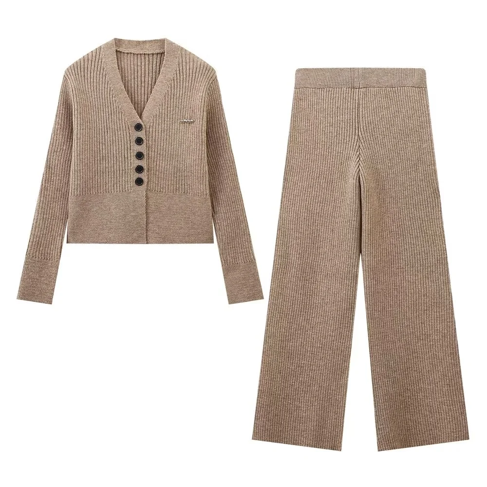 PB&ZA2024 Autumn New Women\'s Fashion Solid Color V-neck Five Button Vertical Strip Knitted Coat High Waist Pants Two Piece Set