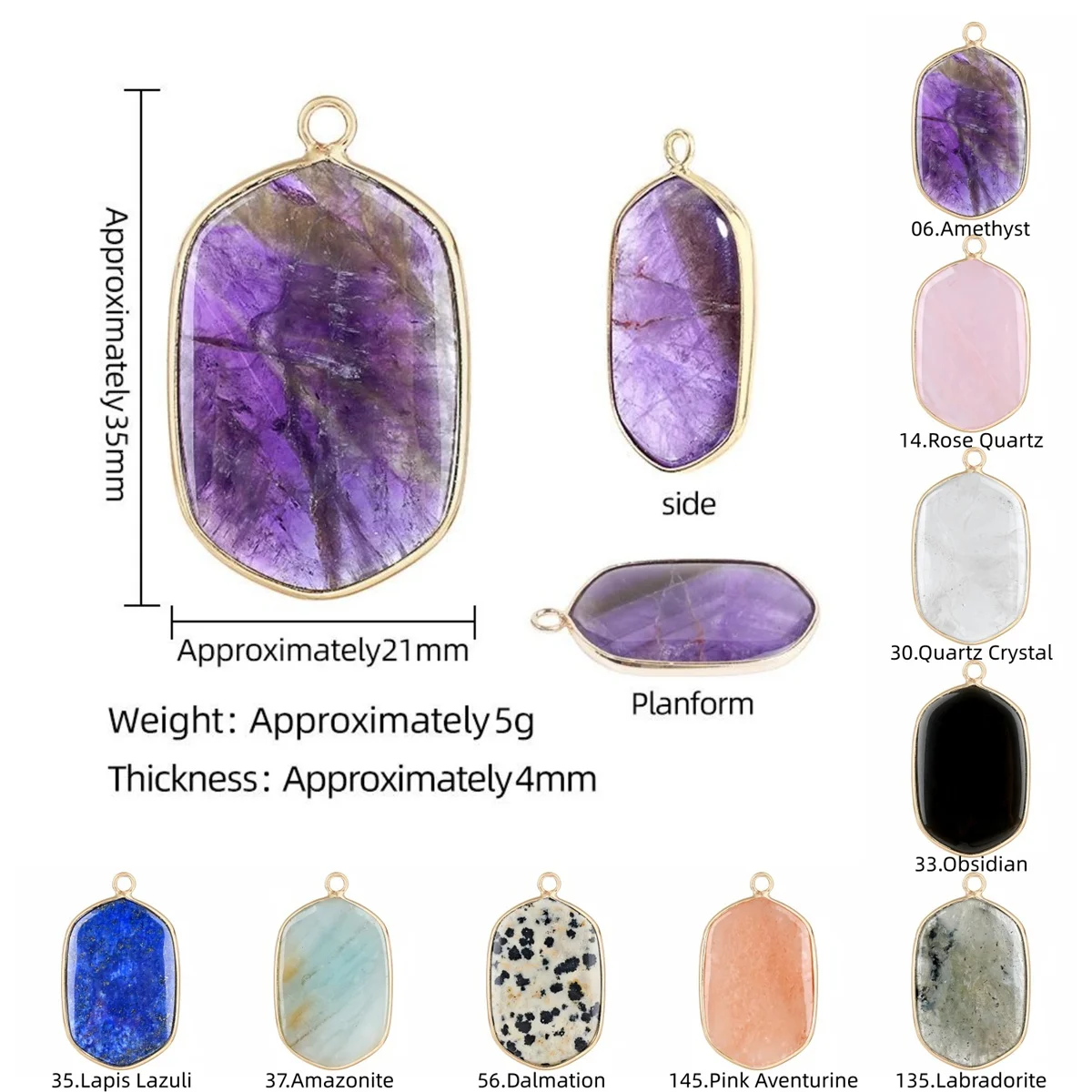 New Fashion Natural Gemstone Hexagonal Pendants for DIY Making Jewelry Luxury Gold Edge Crystal Stone Charms Women Gift