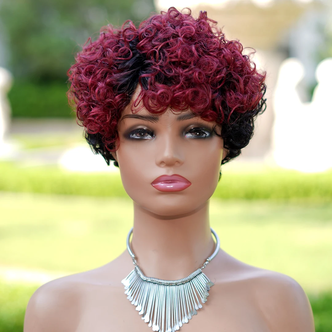 6inch Short Curly Wigs T1B/99J None Lace Front Human Hair Wigs with Bangs 180% Density Machine Made Pixie Cut Curly Wave Wig