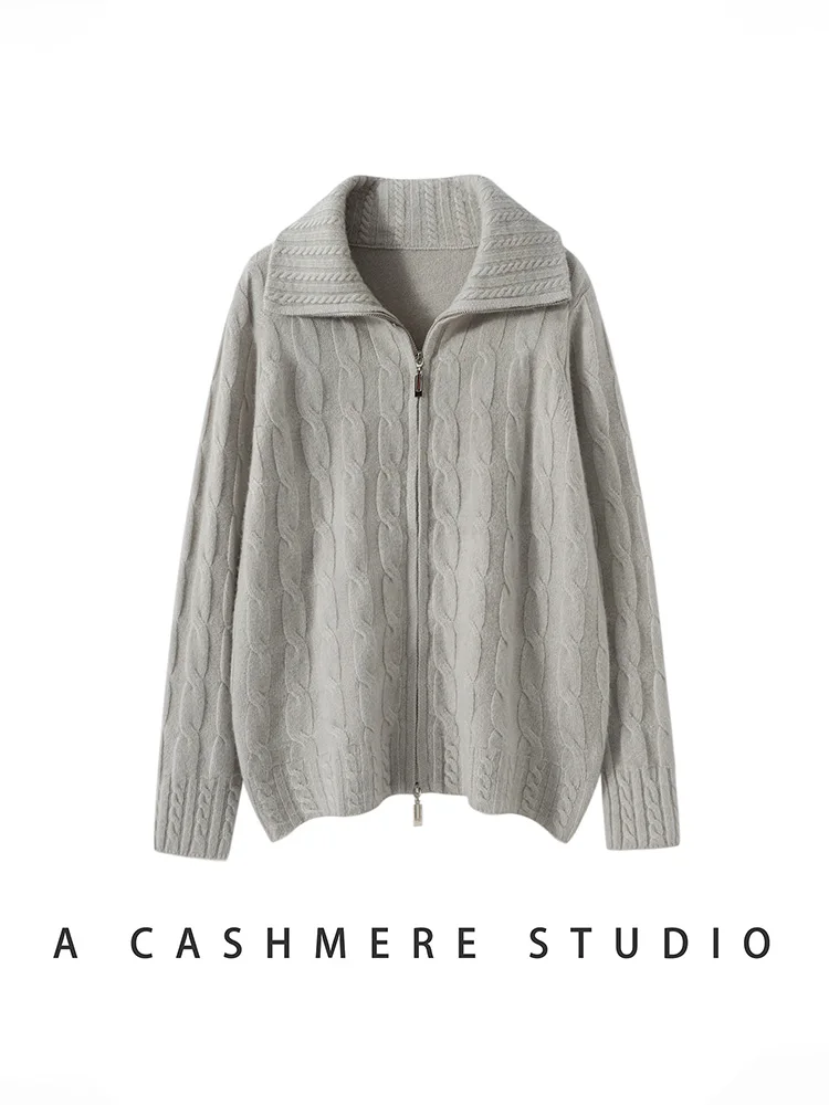 

Женский свитер из 100% кашемира с отложным воротником, вязаный кашемировый кардиган на молнии, осень-зима, плотный трикотаж, французские ленивые топы