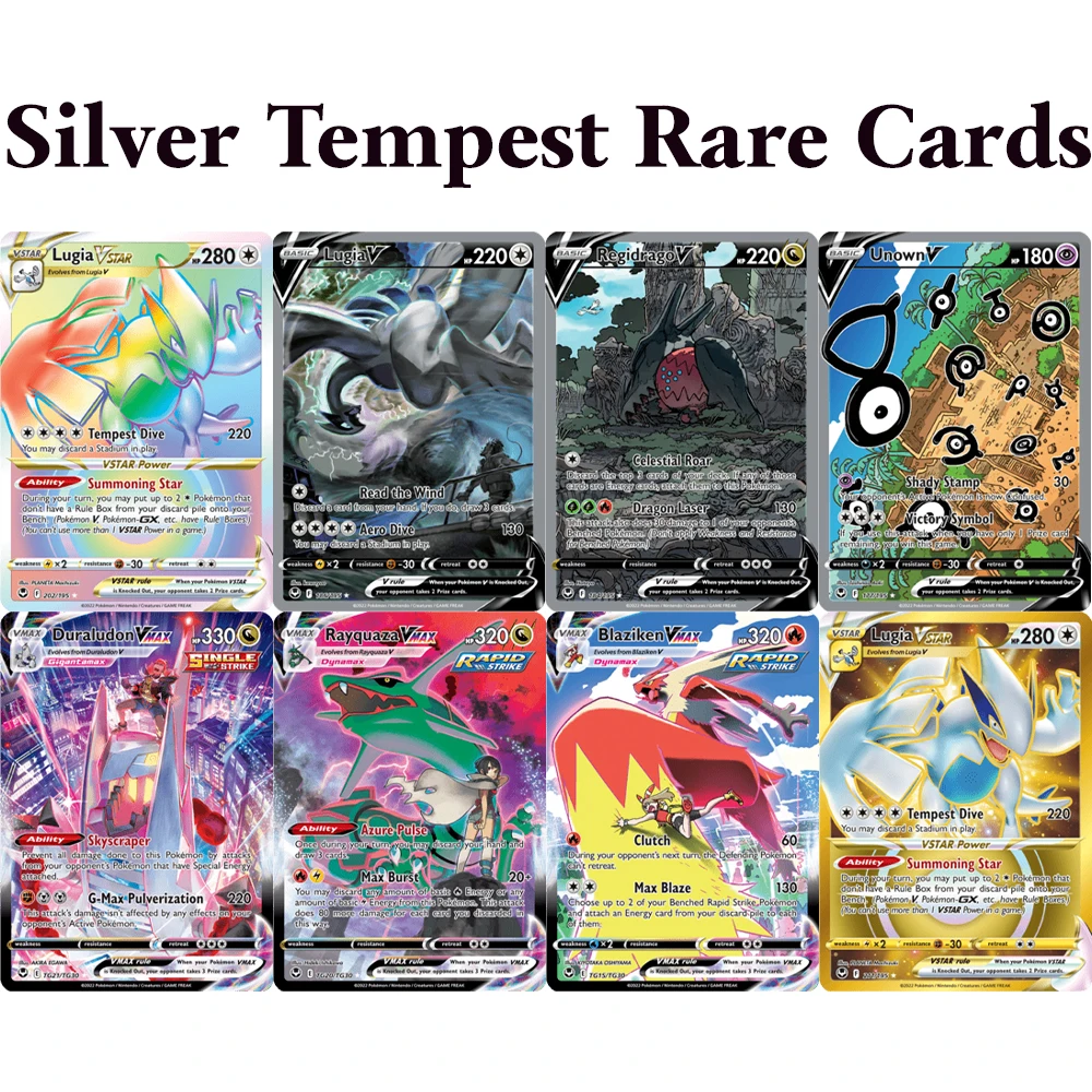 Tarjetas de Juego PKM Silver Tempest (SIT) Raras con Acabado Metálico, Lugia V 186, Unown, Regidrago/V, Blaziken, Duraludon, Rayquaza/VMAX, Lugia VSTAR