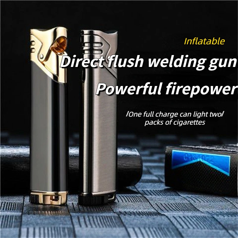 Newest Ultra-thin Slender Straight-in Windproof Inflatable Lighter Metal Blue Flame Personalized Fashion Gift Cigarette Lighter