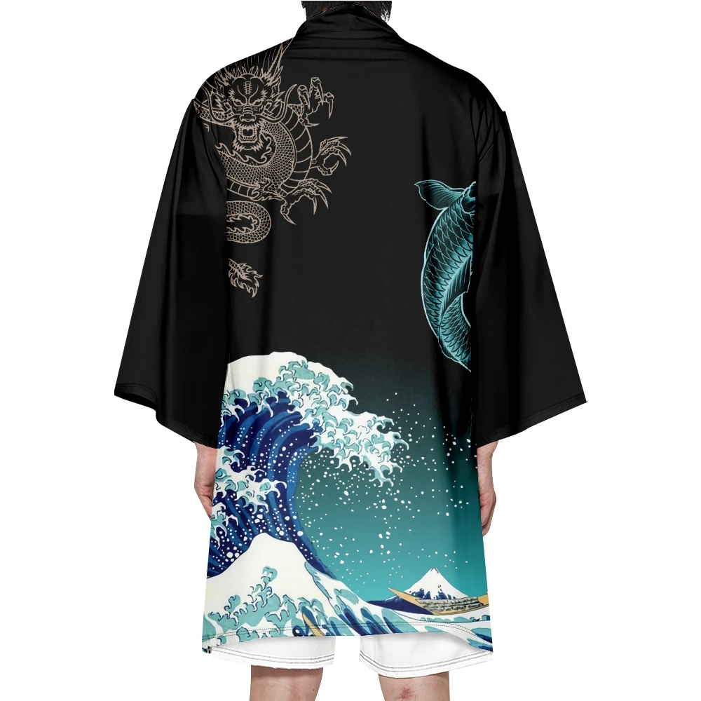 Autumn Samurai Kimono Men Cosplay Stylish Wave Print Haori Kimono Japanese Fashion Lucky Fish Yukata Vintage Cardigan Robe