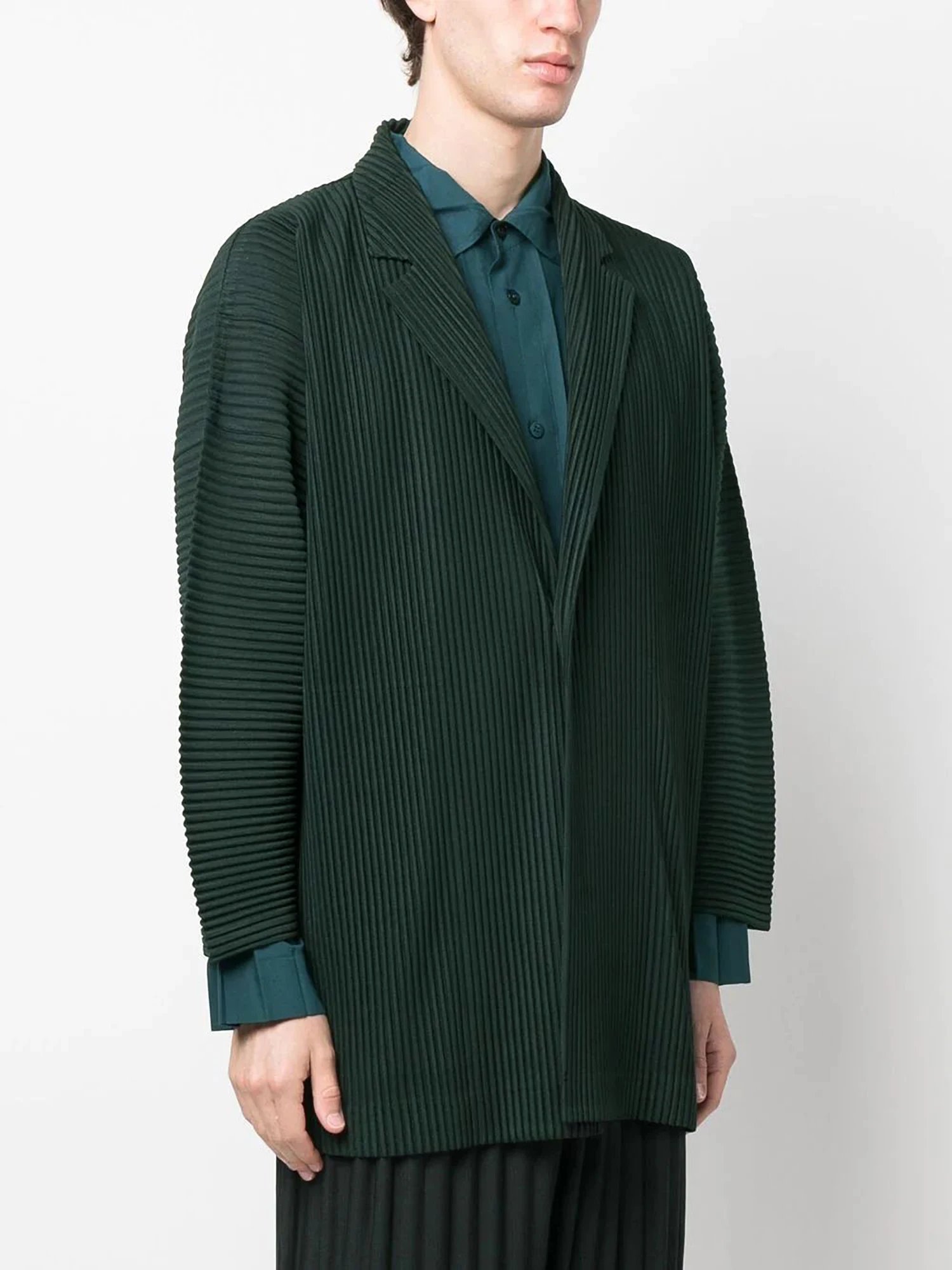 

MI TEMPIO Men's Casual Pleated Blazers with 3/4 Sleeve and Solid Design Loose Suits Winter One Button Jackets for Man Clothing