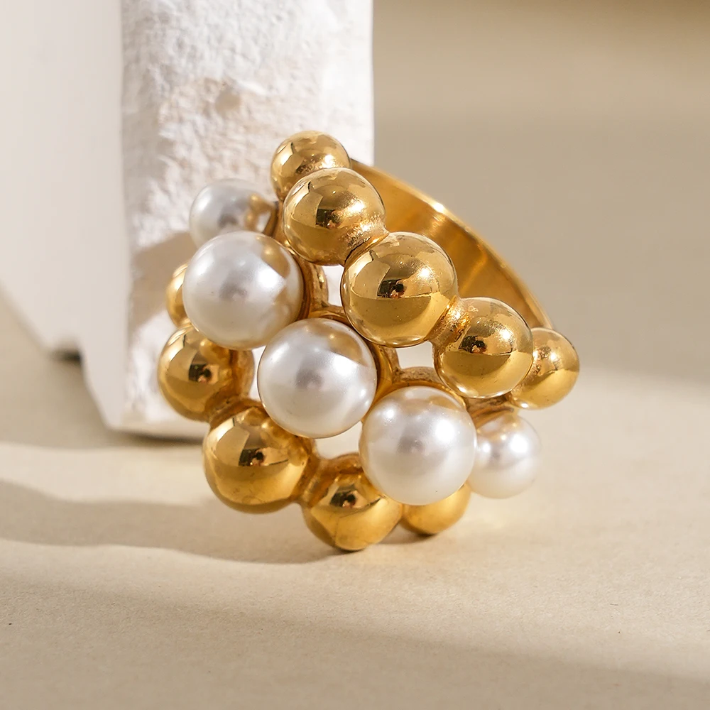 May@RZ Large Gold Plated Spherical Imitation Pearl Ring Stainless Steel Women\'s Personality Ring Exaggerated Jewelry Waterproof