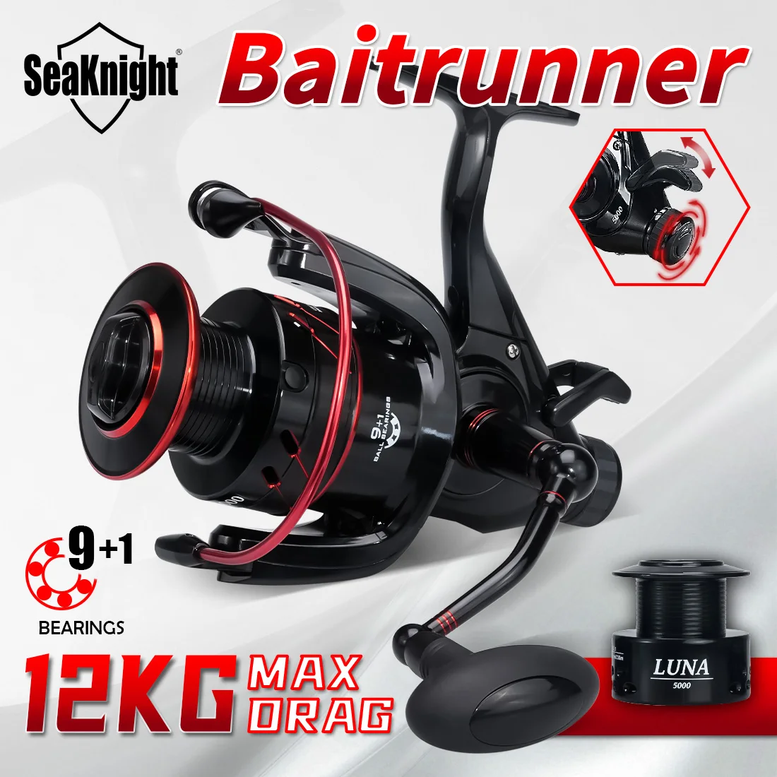 بكرة صيد سمك ماركة SeaKnight Baitrunner لصيد سمك الشبوط 4000 5000 6000 نظام الكبح المزدوج 12 كجم 10BB بكرات صيد سمك الشبوط