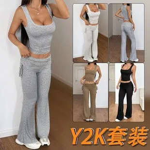 2 Piece Set Women Summer Pants Sleeveless Crop Top Wide Leg Trousers Drawstring Waist Flared Pants Low Rise
