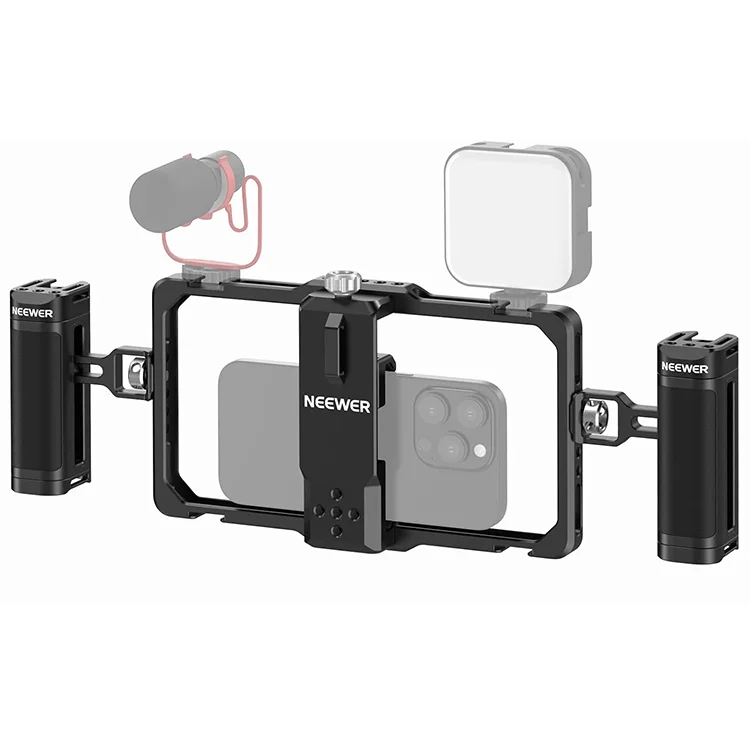 NEEWER アップグレード版 スマホ用リグ ブロギングキット ビデオスタビライザー デュアルハンドル ワイヤレスマイク クリップスロット付き TikTok/YouTube対応