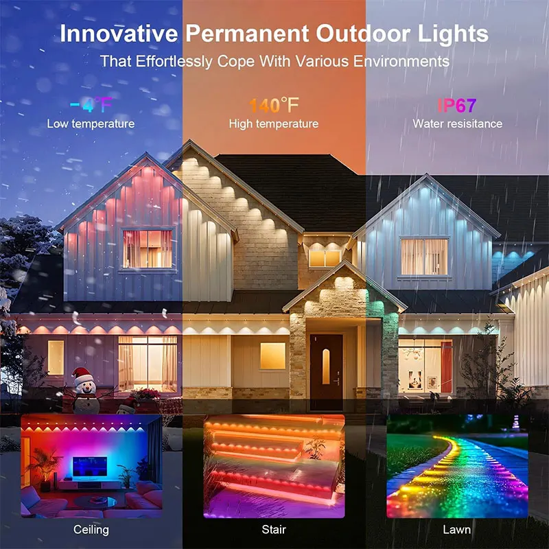 Lampu Eave RGBIC Permanen 200FT Dengan Kontrol Aplikasi, Kontrol Jarak Jauh, Mode Adegan DIY, Dekorasi Natal Taman Luar Ruangan Berkualitas Tinggi