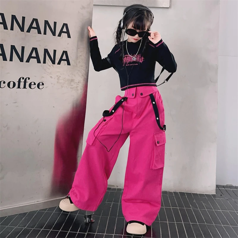 autumn teen girls Street Dance Set cotton t-shirt+pink cargo pants 2pcs junior kids clothes suit child outfits vetement fille 14