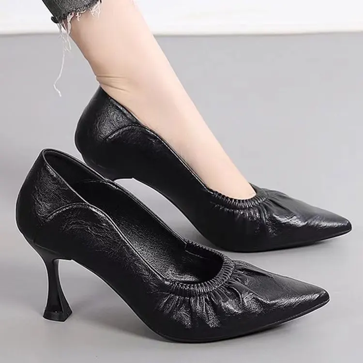 2024 PU Leather Office Work ShoesWomen PumpsHigh HeelsPointed ToeShallow Out Slip Black Beige High End Lightweight