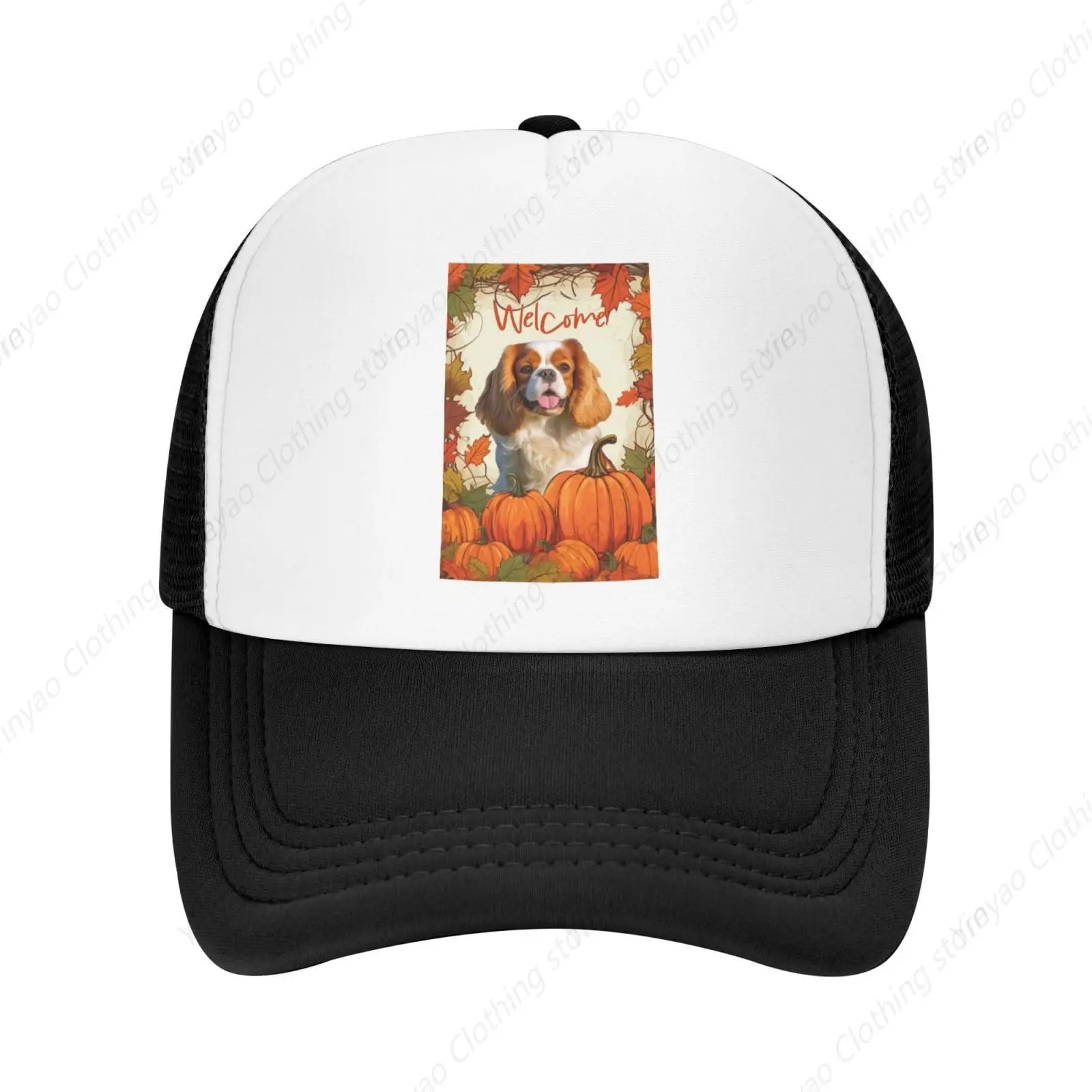 Knight King Charles Spanish Dog Pumpkin Maple Leaf Mesh Baseball Hat Adjustable Outdoor Truck Hat