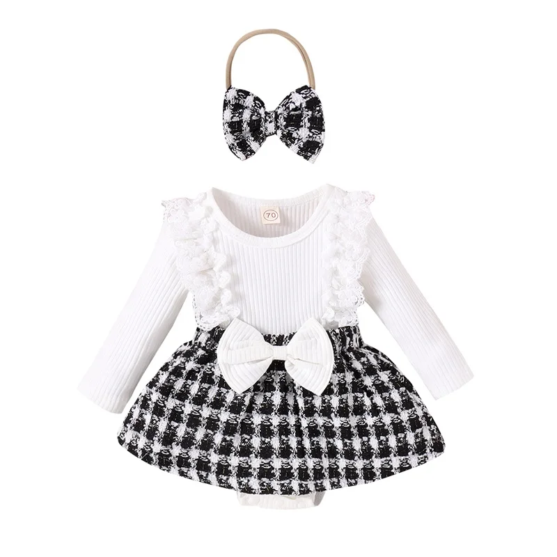 

Infant Baby Girl Romper Dress Lace Ruffles Rib Knit Plaid Skirt Bodysuits Newborn Clothes Bodysuits with Headband