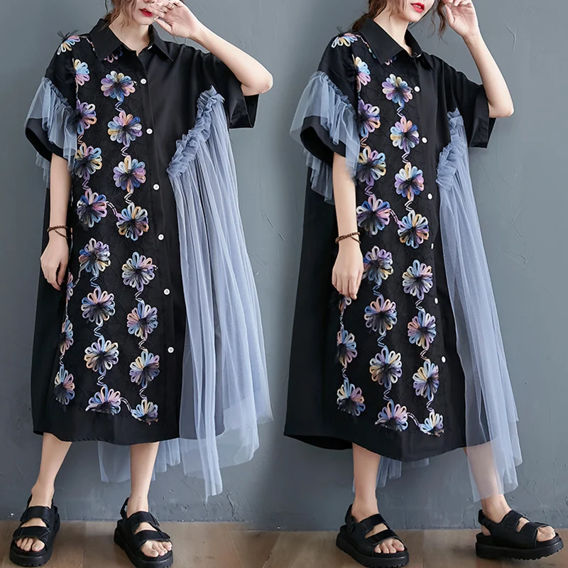 

Floral Patchwork Me Dr Large Size Women's Clothing ort Sve Collar Midi Asymmetrical Skirt Summer Commute Sle