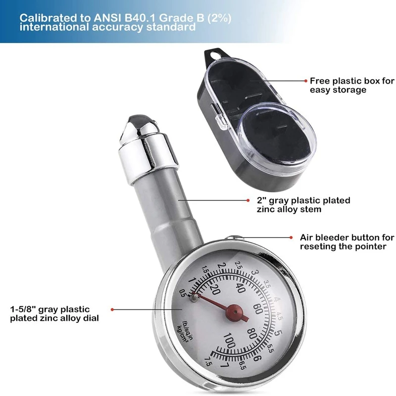 Small Tire Pressure Gauge 10-100PSI, Accurate Mechanical Zinc Alloy Air Gage For Motorcycles,Cars,SUV ATV