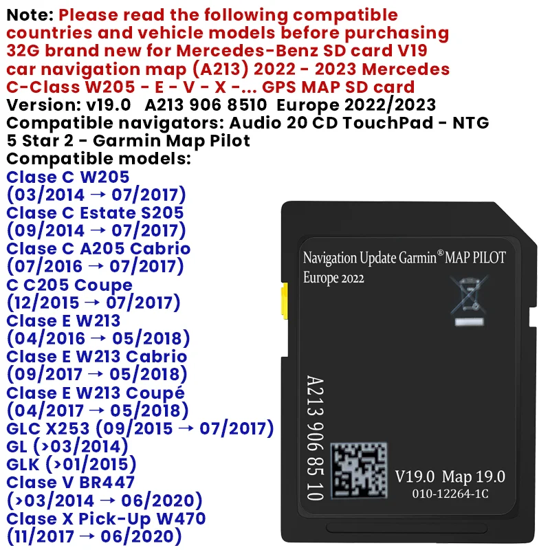 2022/2023 GPS SD Card for Mercedes-Benz V19 (A213) C-Class W205 - E - V - X -... The 32G brand new Car Navigation Map card