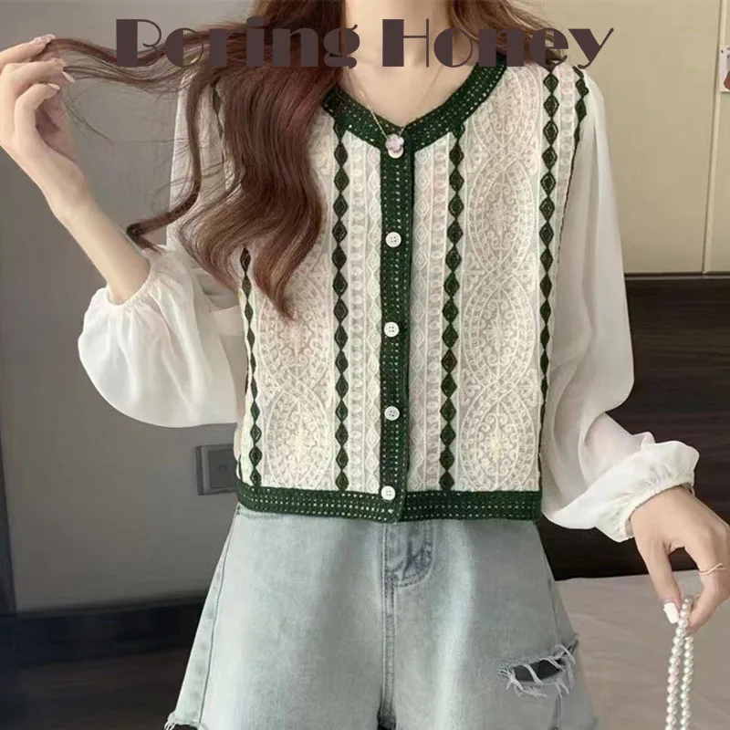 Boring Honey Summer New French Lace Embroidery T-Shirt Women's Chiffon Short Cardigan - Unique Chic Design Tops Fashion T-Shirt