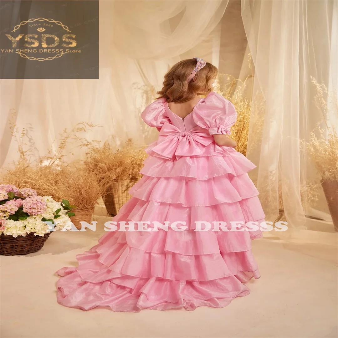 Vestido de niña de flores en capas para boda, satén hinchado con lazo, vestido de baile de primera comunión para niños, vestido de fiesta