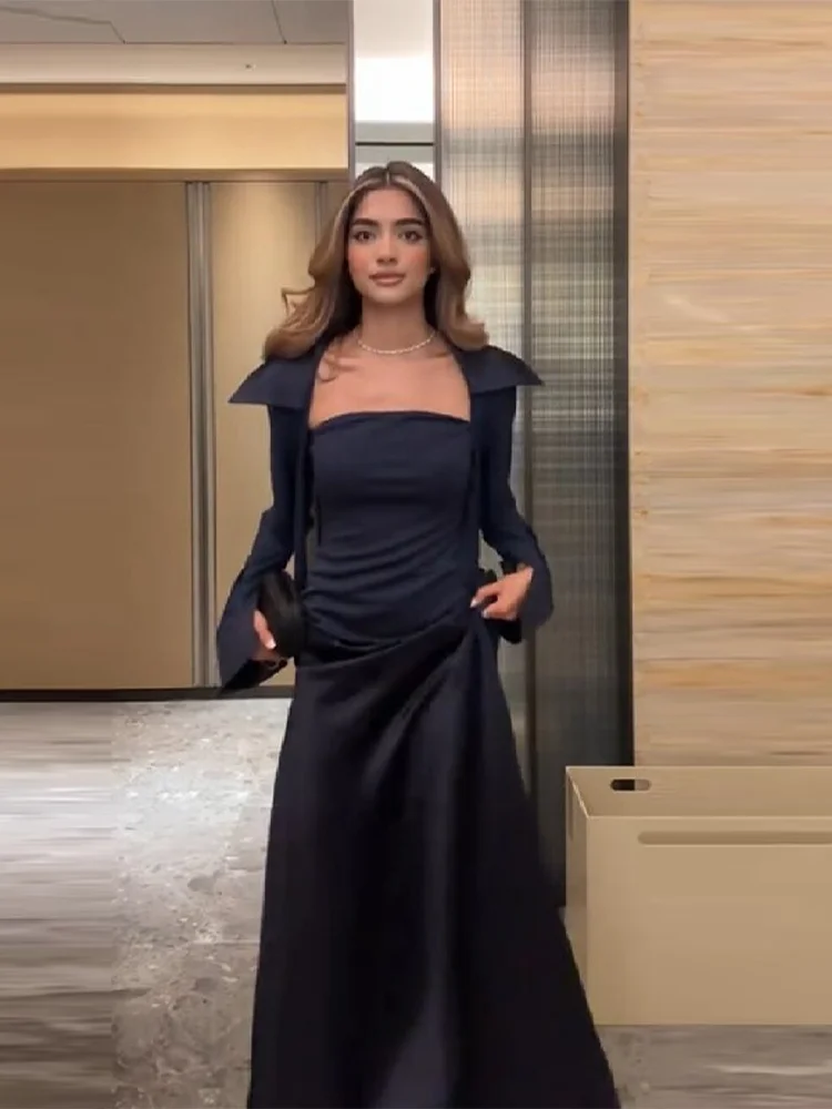 

Women Spring New Dark Blue Skirt Luxury Satin Textured Floor Length Solid Set Elegant Fashion Event Evening Party Outerwear