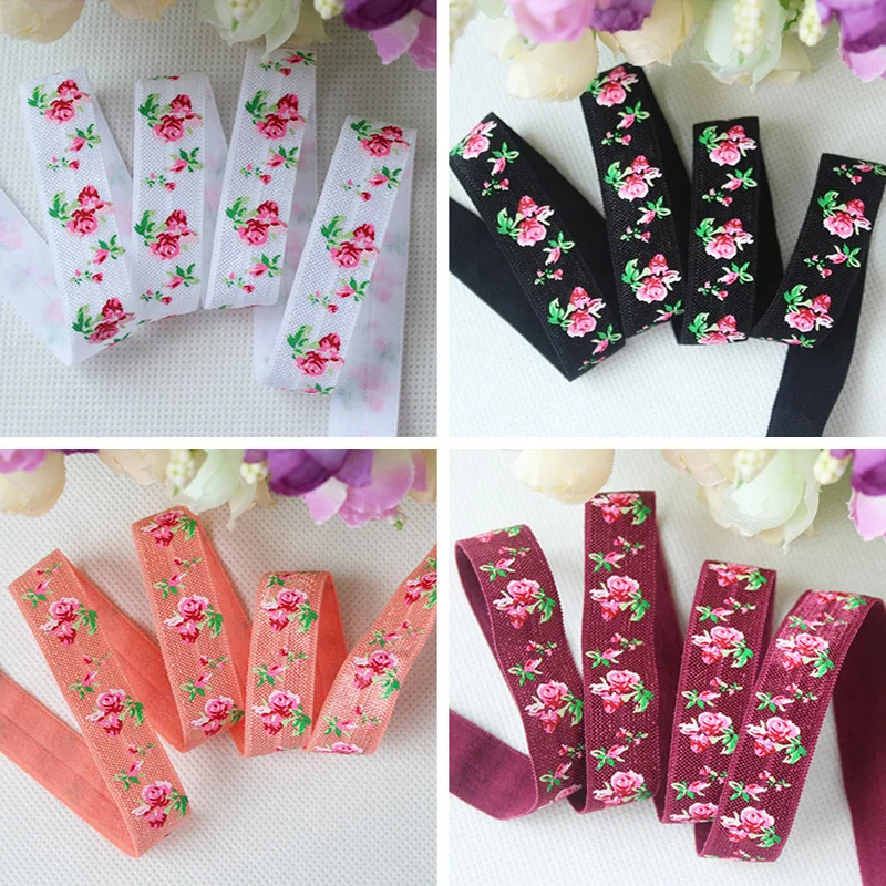 

5/8" 15mm Ink Rose Flower Printed FOE Band Fold Over Elastic Ribbon For Valentine's Day Hair Accessories Bracelet DIY Sewing