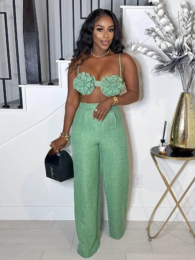 

Sweet Fresh Solid Color Halter Smocked High Waist Thin Design Straight Casual Pants Club Party Two-piece Set