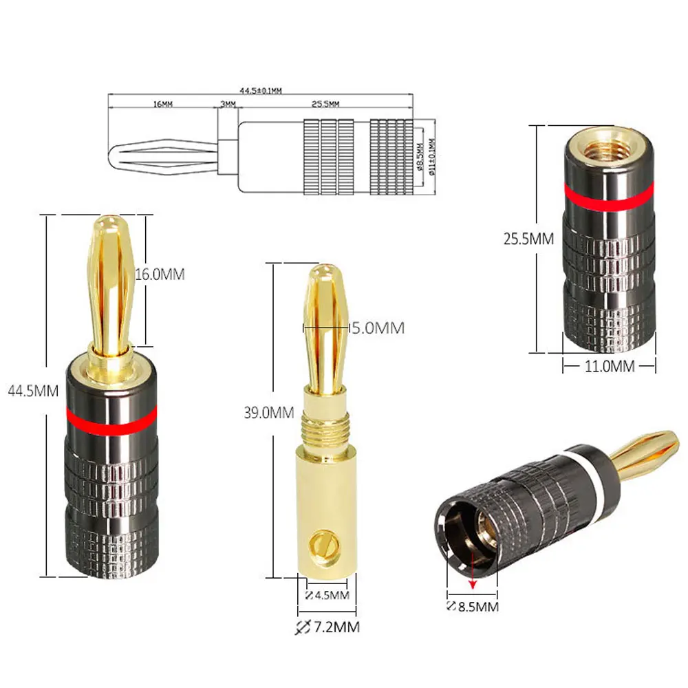 4mm Banana Plugs Male Connector High Quality 24K Gold Plated Hifi Audio Speaker Banana Connectors for Speakers and Amplifiers