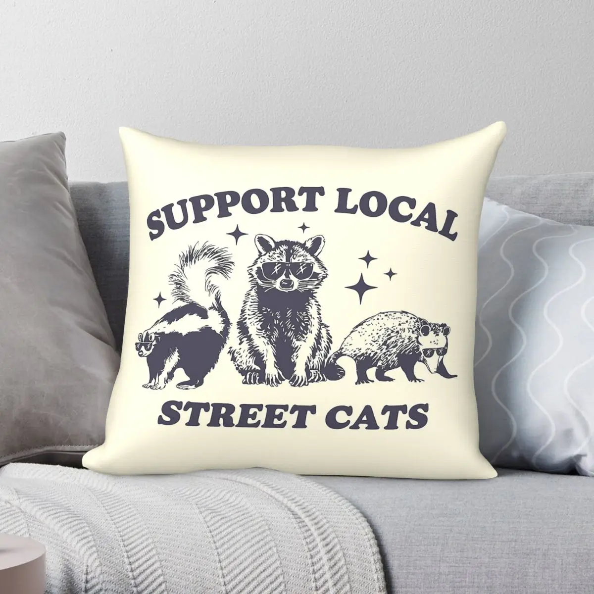 Support Local Street Cats Raccoon Possum Pillowcase Polyester Linen Velvet Creative Zip Decorative Sofa Cushion Cover