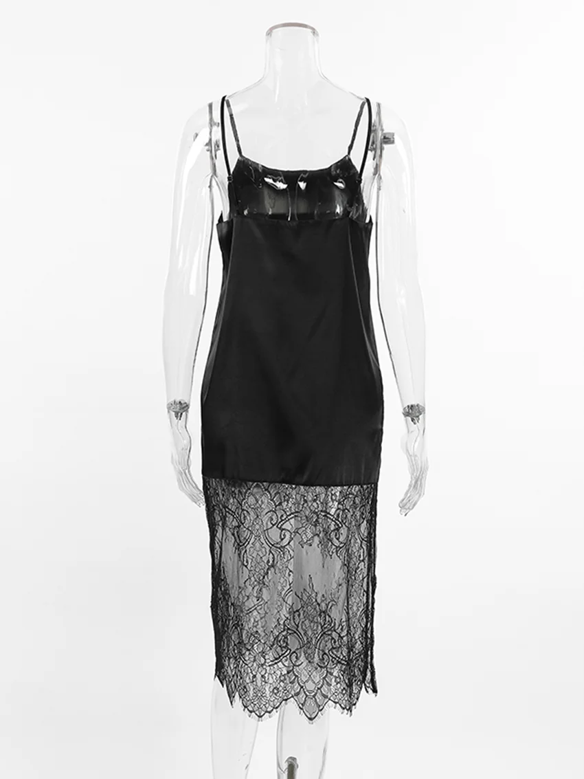 Marthaqiqi Lace Ladies Nightgown Spaghetti Strap Sleepwear Backless Pajama Slash Neck Nightie Mid-Calf Dress Female Home Clothes