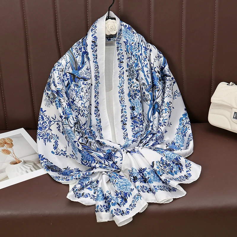 New Arrival Chinese Style Printed  Satin Silk Shawl Women Brocade Satin Scarf Big Size Long Shawls Travel Sun Protection Cape