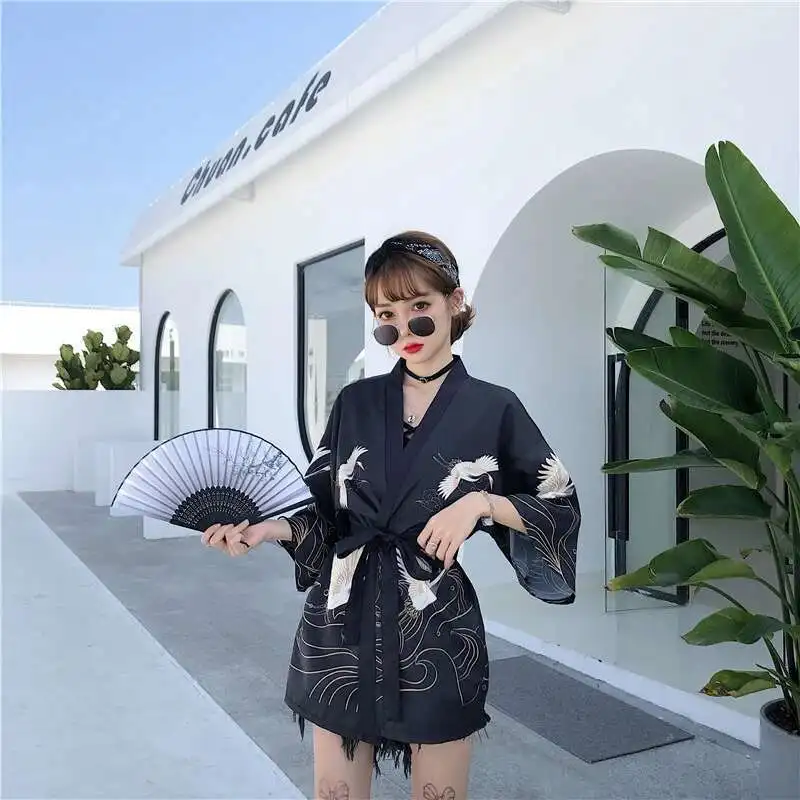 Japanese Kimono Cardigan Coat Summer Beach Women Vintage Clothing Anime Crane Print Shirt Fashion Black White Yukata Haori Obi