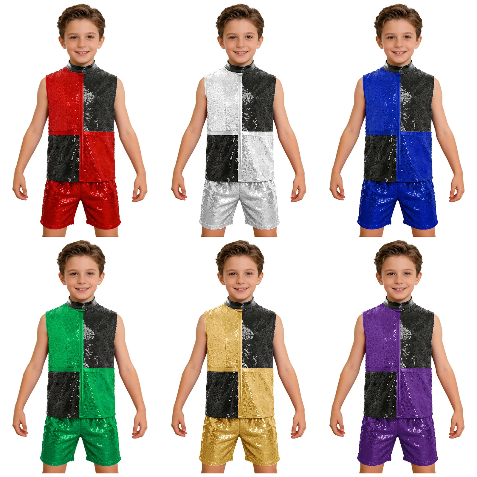

Kids Boys Girls Hip Hop Jazz Street Dance Outfit Shiny Sequin Zipper Tank Top Elastic Waist Shorts for School Party Carnival
