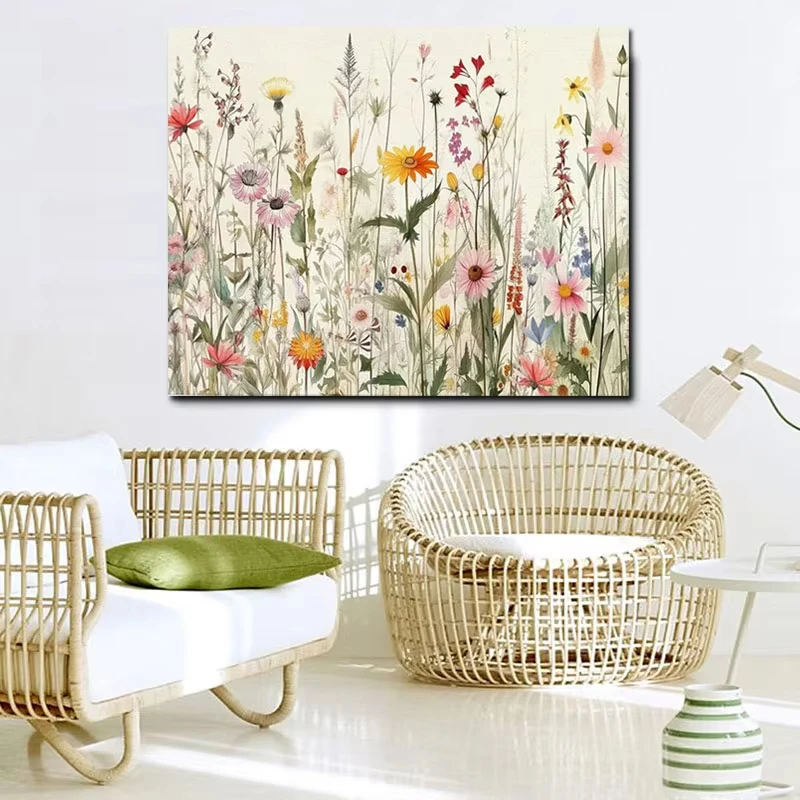 Minimalist Modern Canvas Poster, Bohemian Wall Art, Wildflowers Botanical Home Decor Canvas Painting for Livingroom