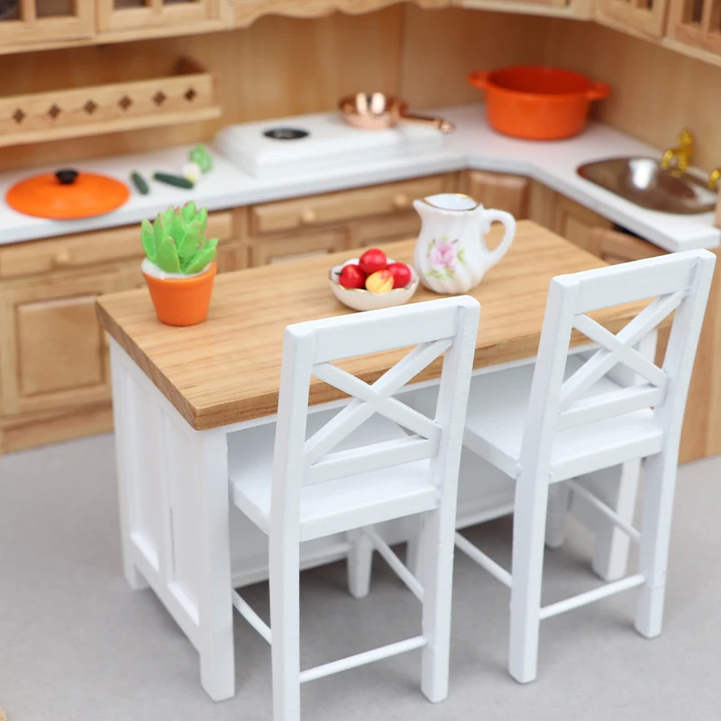 Doll House Model Furniture Accessories Wooden Dining Table Bench Bar Counter Doll House Kitchen Leisure Table With Storage Grids