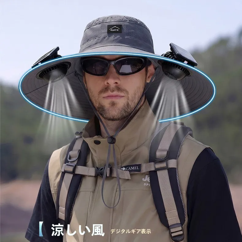 ソーラーパワーファン付き釣り用キャップ-メンズ-ハイキング用-通気性-日よけ-アウトドアハット-カジュアル-ファッション-ポリエステル繊維-フラットトップ-調節可能
