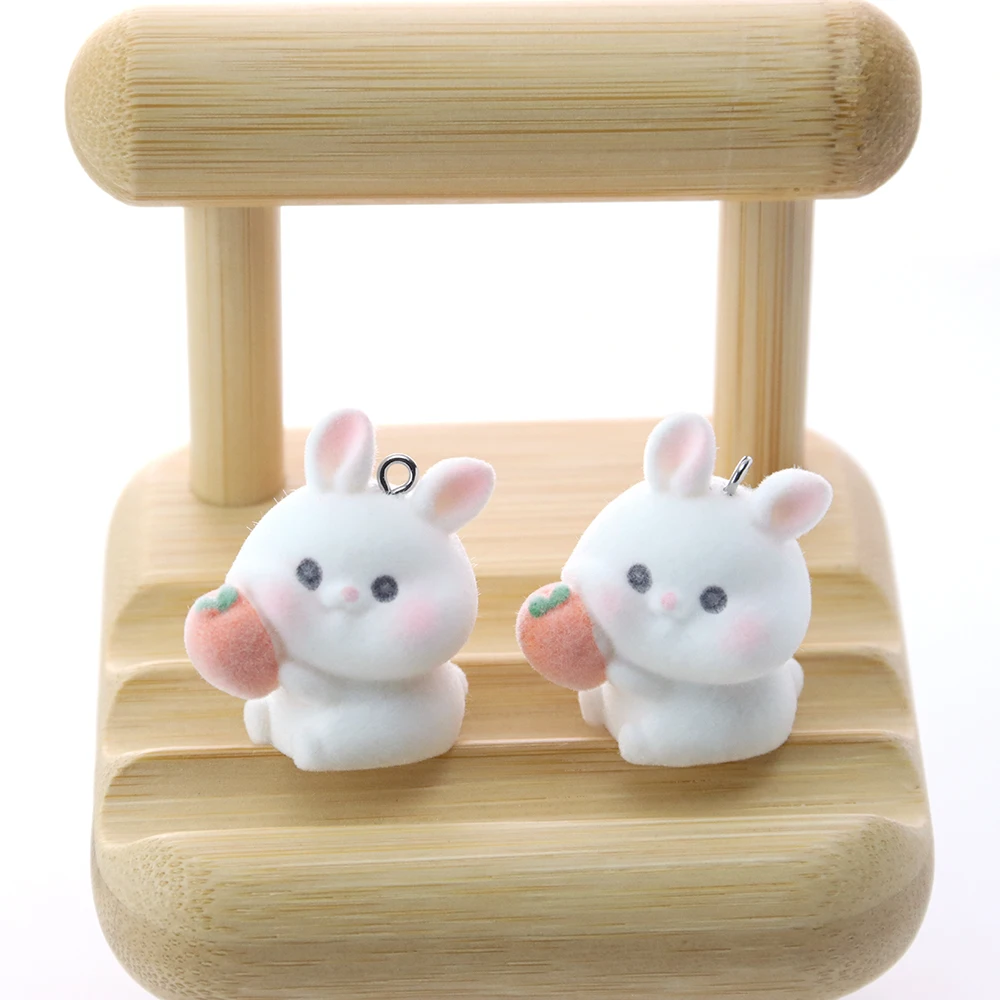 20Pcs 3D Flocking Resin Carrot Rabbit Charms Animal Plush Doll Pendants for Necklaces Earrings Making DIY Jewelry Accessories