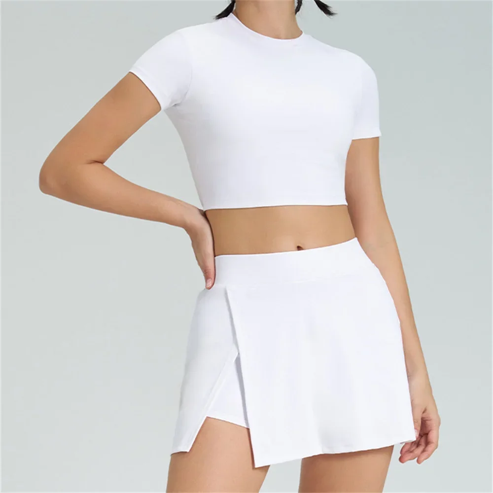 

2PCS Pad Sports Crop Tops Women Shirt Yoga Set Anti Shorts Skirt Workout Tennis Running Gym Wear Athletic Active Suit