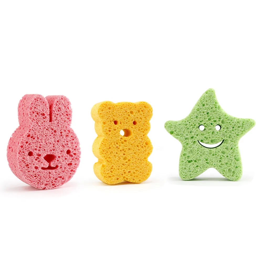 3Pcs Sponge Scrubber for Baby Bath Loofah Style Natural Fiber Soft Touch Animal Print Non Slip Bathe Time Fun Safety