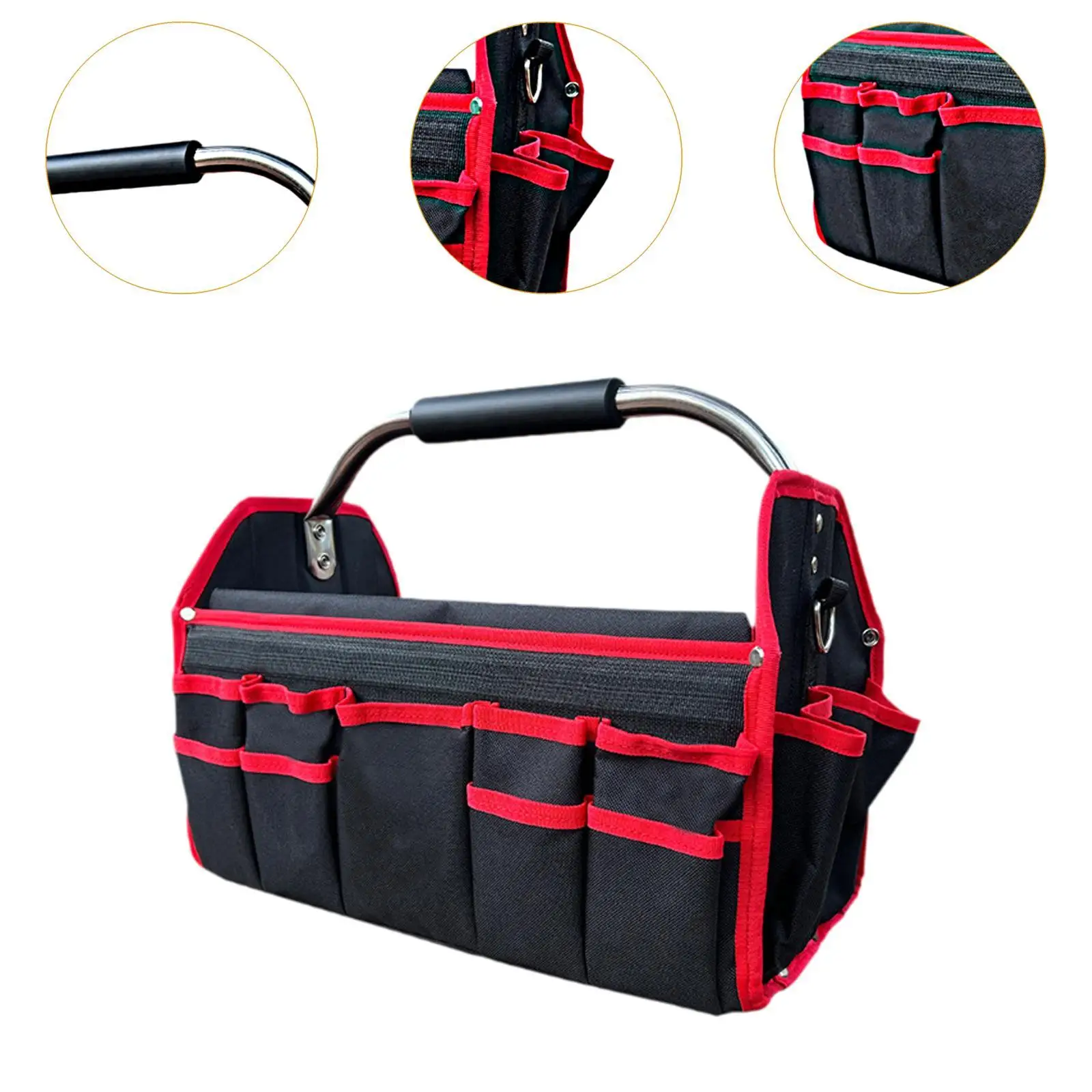 16inch Folding Tool Storage Bag Tote Multifunctional with Multi Pockets Metal Carry Handle for Emergency Tool Lightweight Sturdy