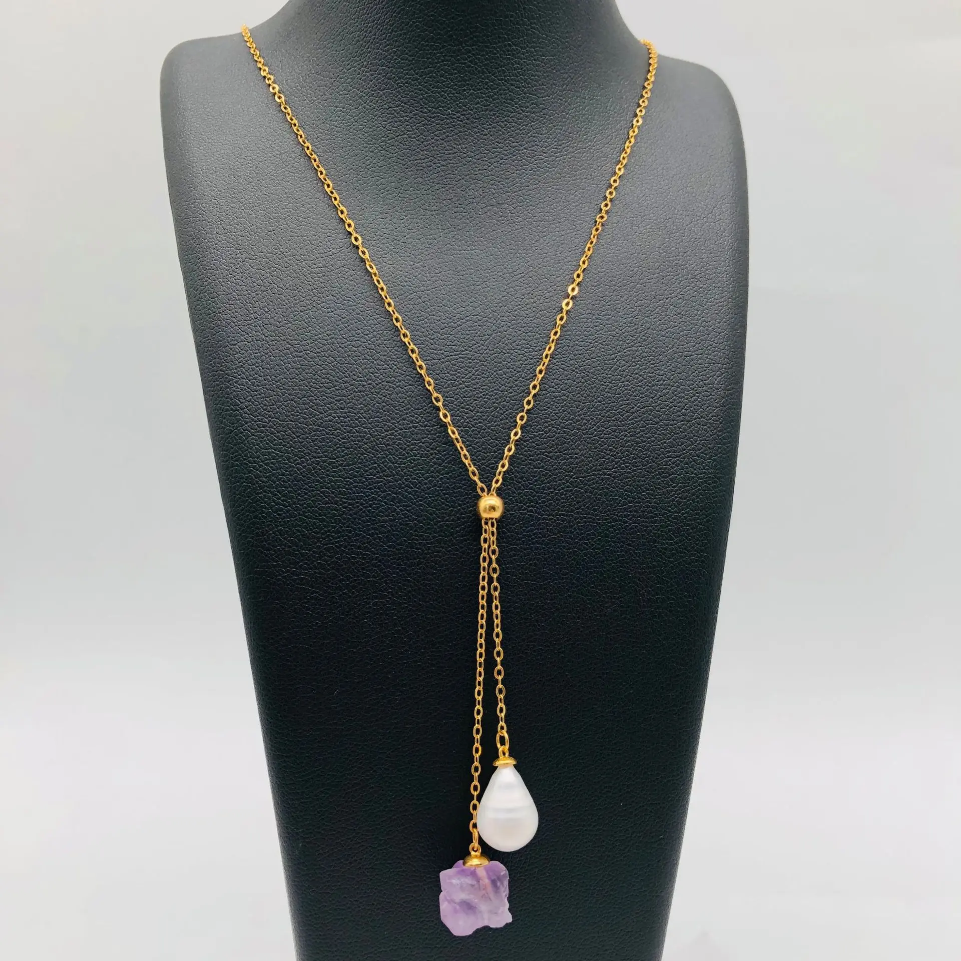 

Copper-plated 18K real gold necklace, fine chain, collarbone chain, amethyst freshwater pearl pendant.