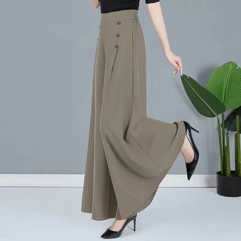 Calça com saia de verão feminina, cintura alta, reta, perna larga, casual, solta, fold elegante, roupas grandes para senhoras, Y2K