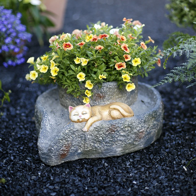 Kitty Stonewashed Flower Pot Creative Garden Terrace Courtyard Balcony Layout Chinese Stone Orchid Decoration Ornaments