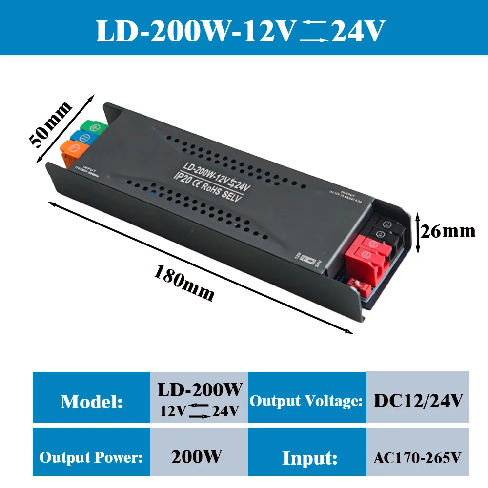 DC12V/24V Switchable Voltage 400W 200W Ultra-Thin LED Driver Power Supply, Suitable for LED Constant Voltage Transformer