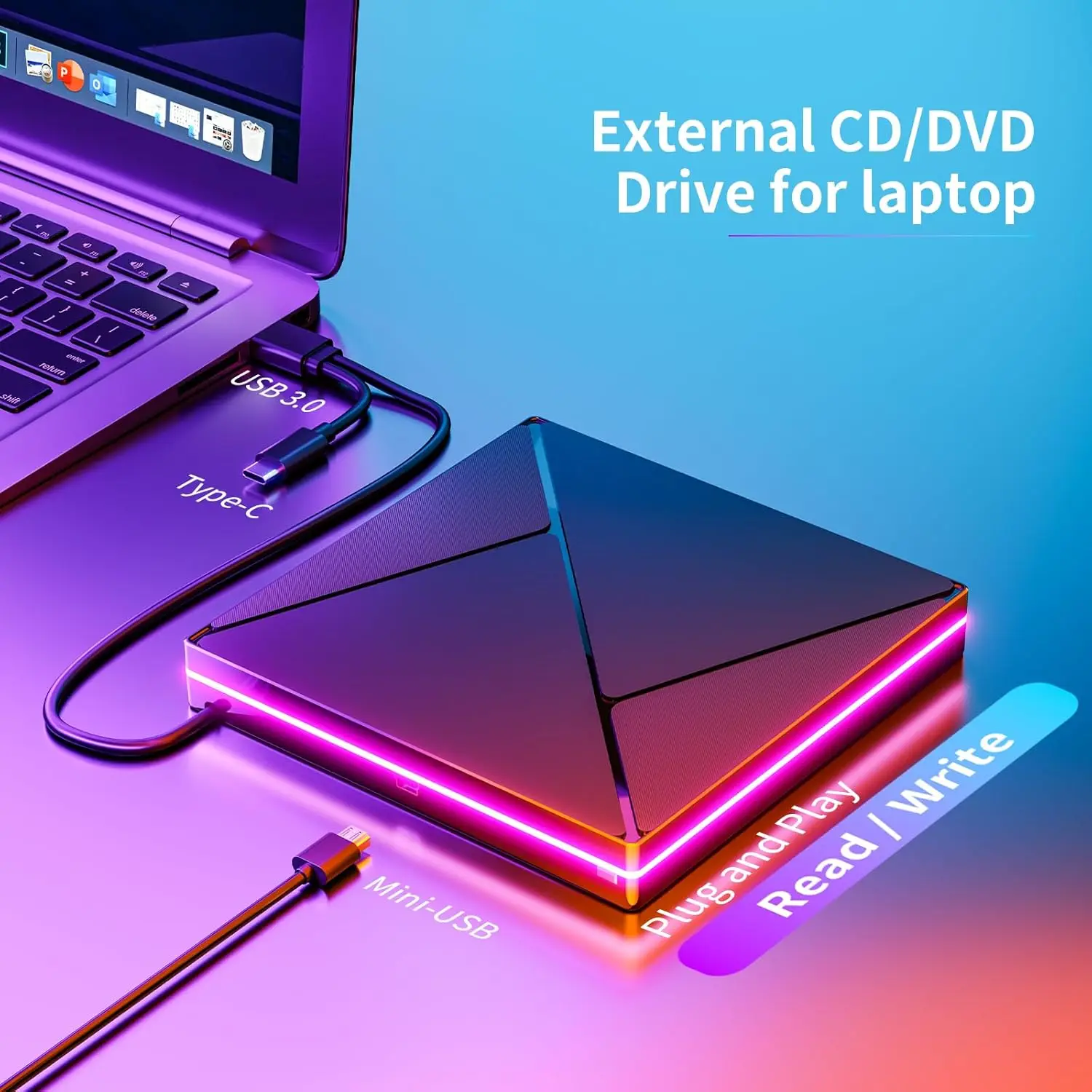 RGB DVD Player for Laptop External CD/DVD Reader Writer ROM Drive USB C Portable CD/DVD Burner for MacBook Mac Windows 11/10/7/8