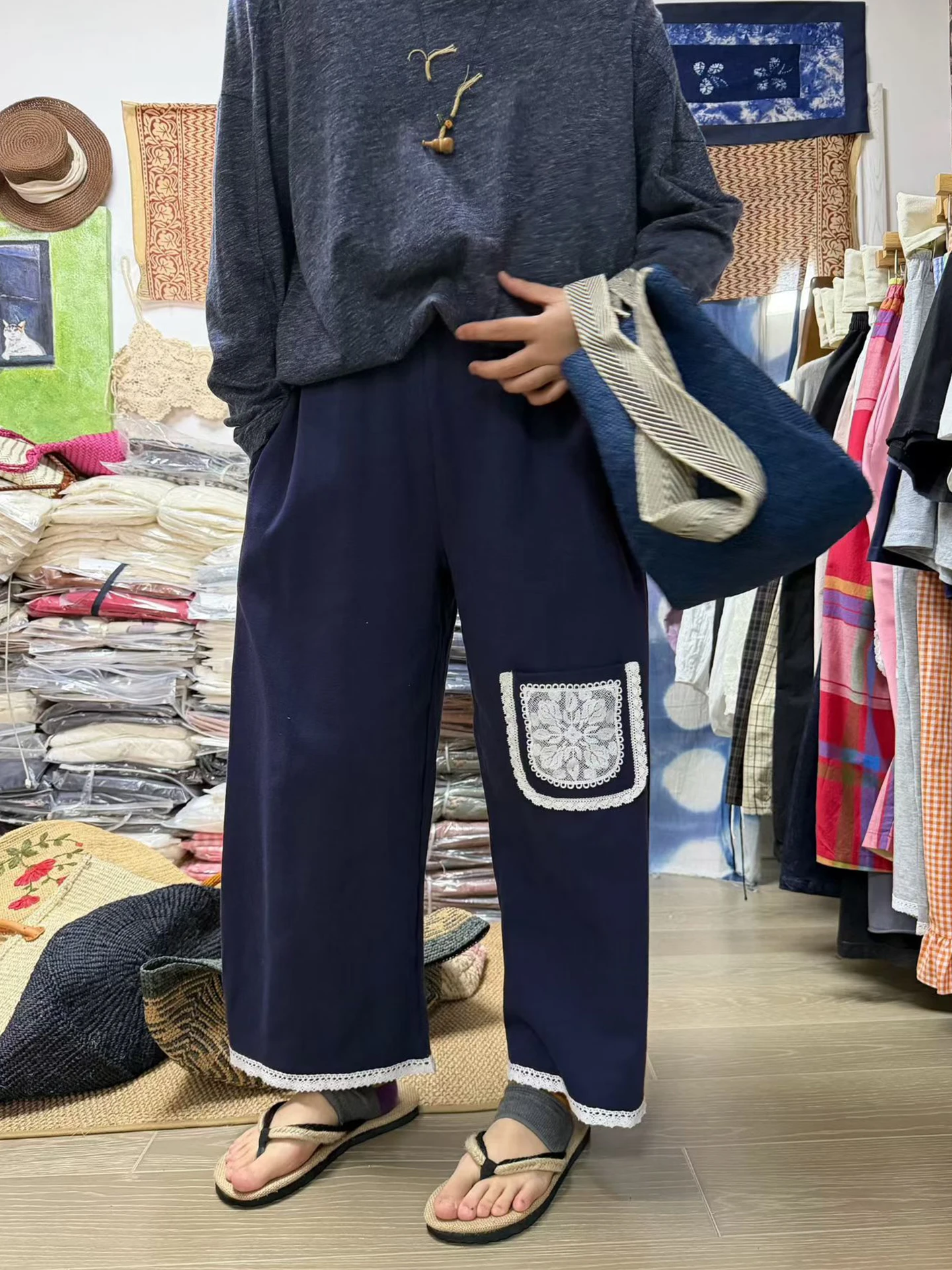 

Retro Summer Series Elastic Waist Blue Pink Grey Lace Pocket Sweatpants plus Size Women's Cotton Straight Leg Trousers