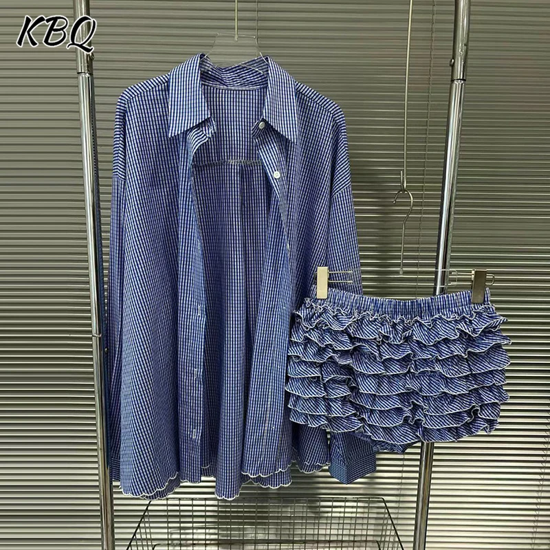 

KBQ Casual Chic Two Piece Sets for Women Lapel Long Sleeve Spliced Button Shirt High Waist Spliced Ruffles Skirt Chic Set Female